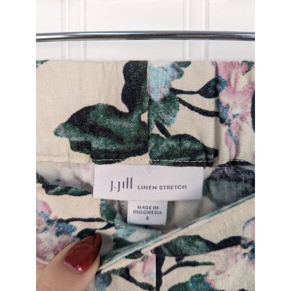 J Jill Women's Linen Stretch Floral Pants Cropped Size S Zip Flat Front Elastic - Picture 3 of 5